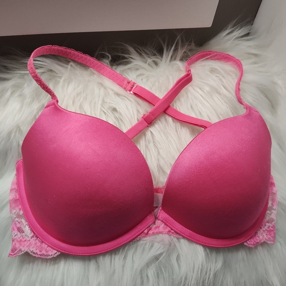💗 Vintage Victoria’s Secret PINK Push-Up Lace Cross Back Bra, Hot Pink, 34D - Picture 2 of 9